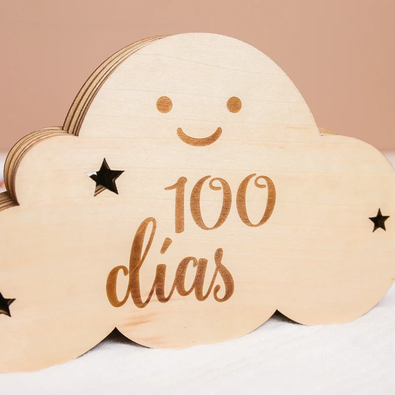 English&Spanish Wooden Baby Milestone Number Month Memorial Cards Items  Cute Cloud Shape Newborn Photography Accessories Props