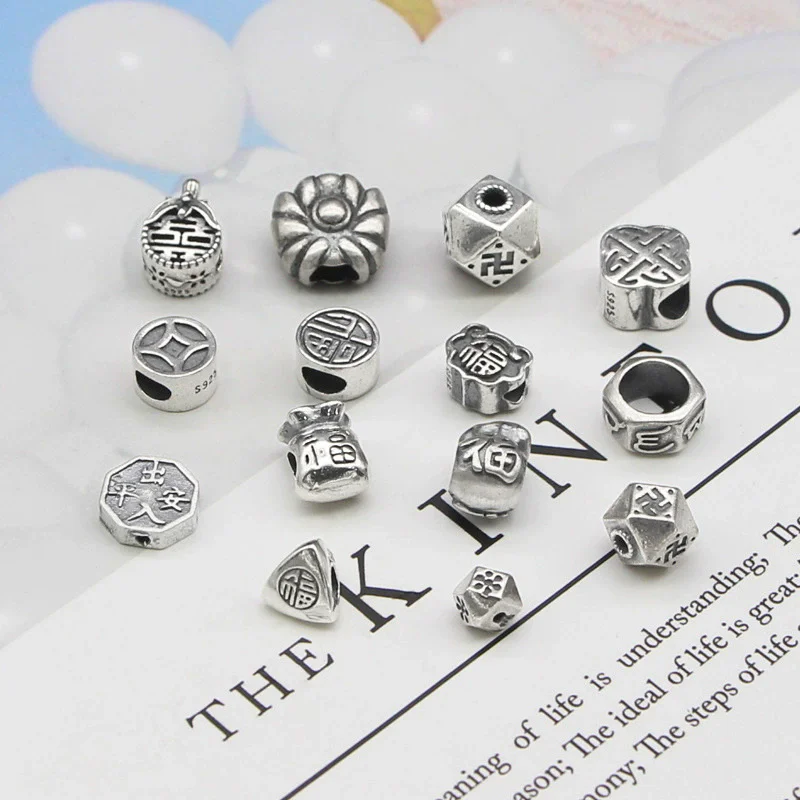

S925 pure silver longevity separated bead lucky character ancient style bracelet with beads scattered beads retro DIY accessorie