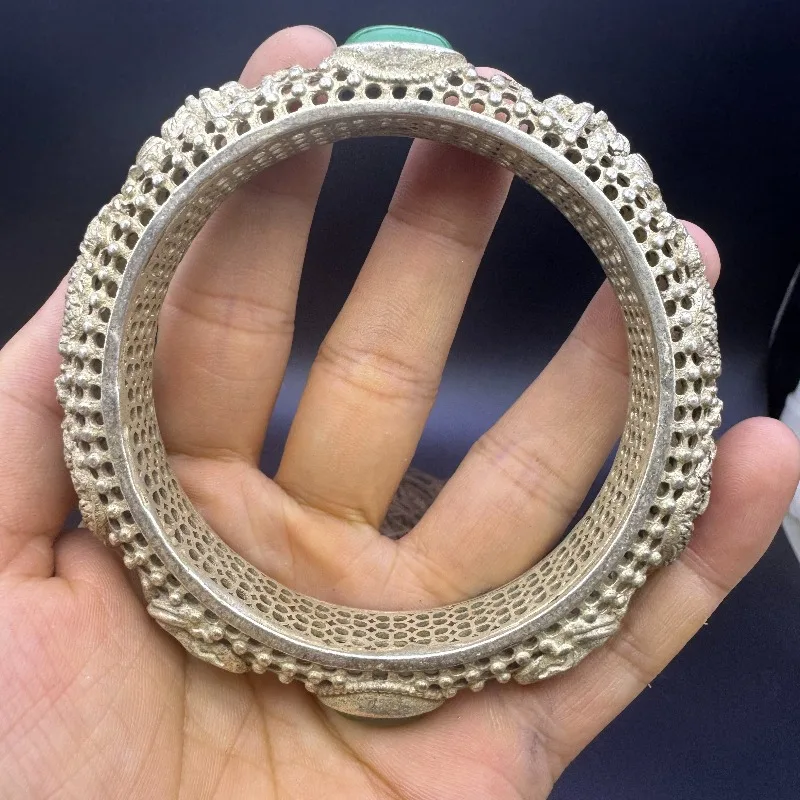

Handmade Filigree Dragon Phoenix Bangle With Beads, Vintage Ethnic Antique Style Miao Silver Collectible Jewelry