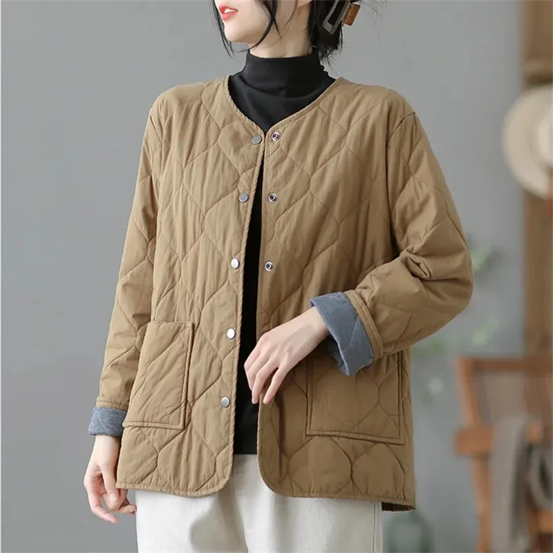 2024 New Korean Women Puffer Short Jacket Cotton Padded Casual O Neck Coats Fall Button Up Solid Thin Parkas Soft Cotton Clothes