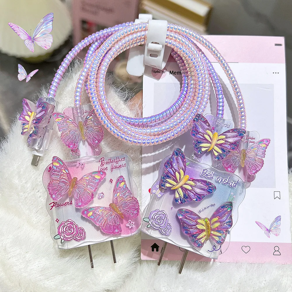 INS 3D Butterfly Cable Charger Protector Cover For iPhone iPad 18W 20W Original Charger New Data Line Spiral Winder Protective