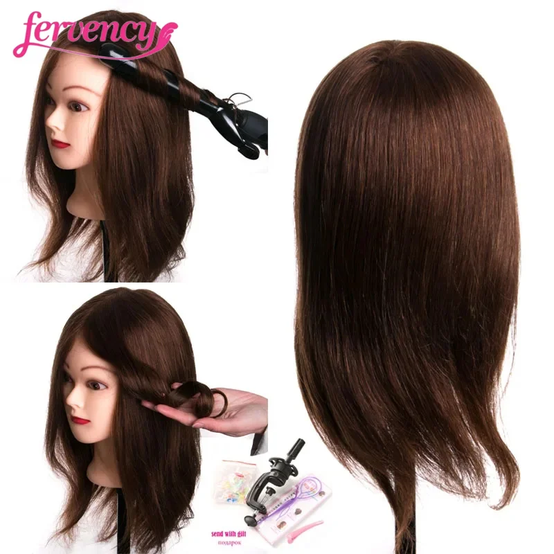 professional Mannequin  human hair head dolls for hairdressers 16'' brown Black training head can be curled with gift