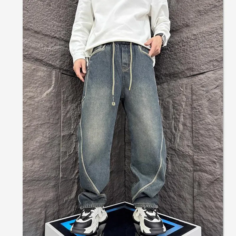 Men's Loose Jeans Wide-leg Straight Fleece Denim Pants Winter Stitching Harlan Trousers Overalls Washed Machetes Thicken Bottoms