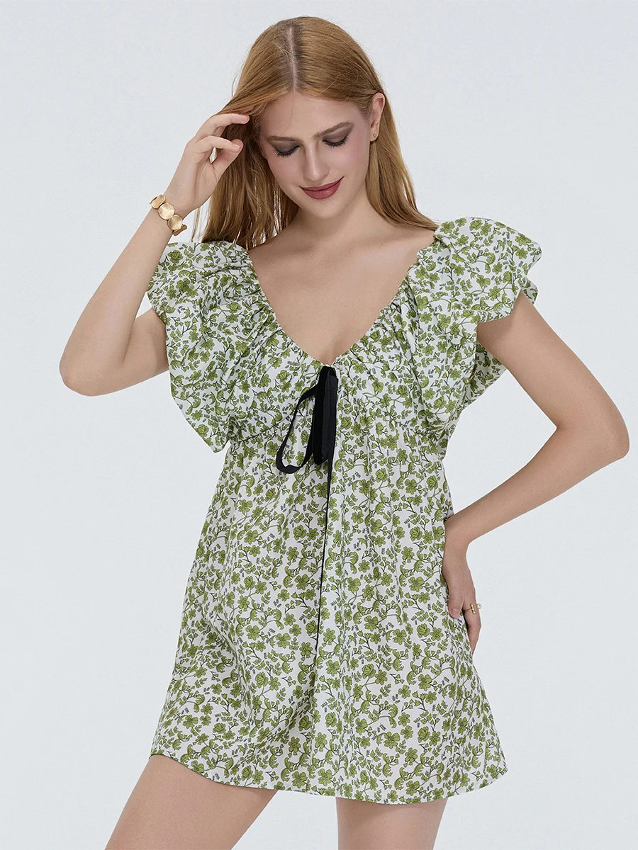 

Women Mini Dress Floral/Lemon/Dot Print Fly Sleeve Bowknot V-Neck Dress Summer Casual Dress