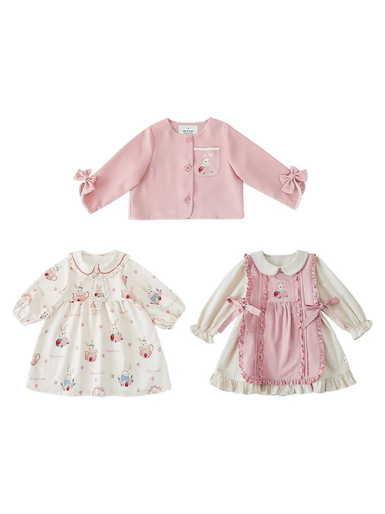 Girls\' Clothes Children\'s Fashion High Waist Dress Autumn Bow Coat Baby Cute Printing Sets Fashion