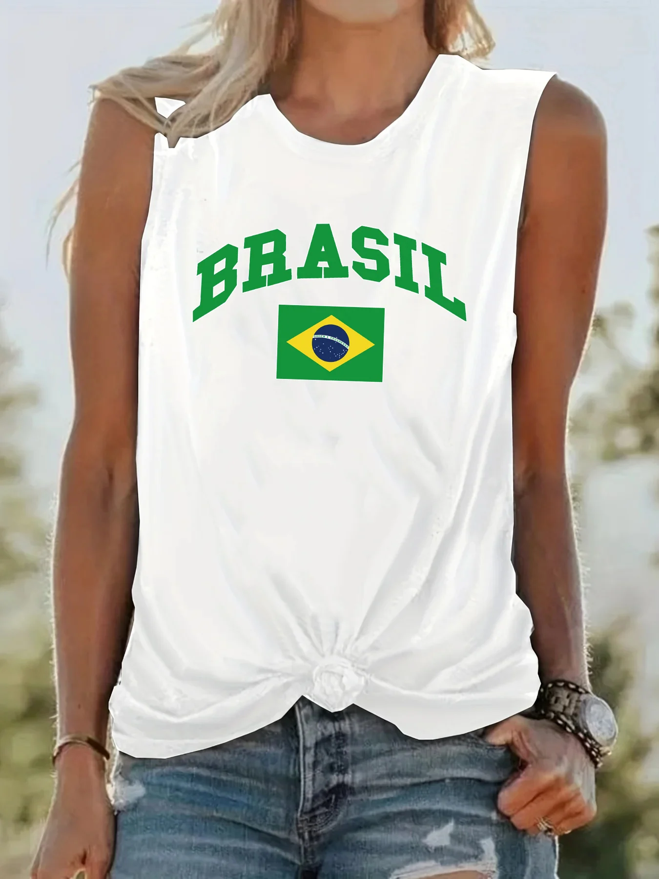 Women\'s Summer BRASIL Pattern Print Large Casual Round Neck Sleeveless Loose Tank Top T-shirt