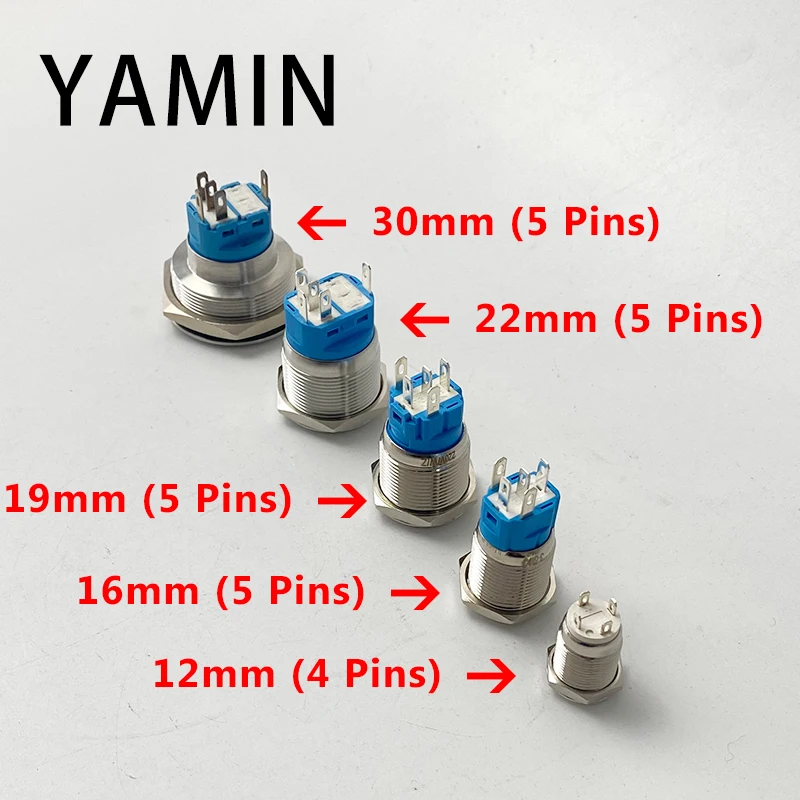 12/16/19/22mm Metal Push Button Switch Power Waterproof IP65 Flat Circular Round Head LED Light Self-lock Reset 6V 12V 24V 220V