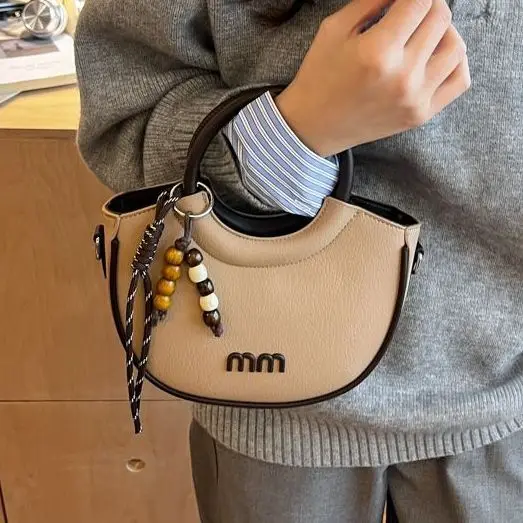 Retro Mini Half Moon Handbag for Women PU Leather Crossbody Bag with Detachable Strap Bead Charm Casual Daily Purse Bolso Mujer