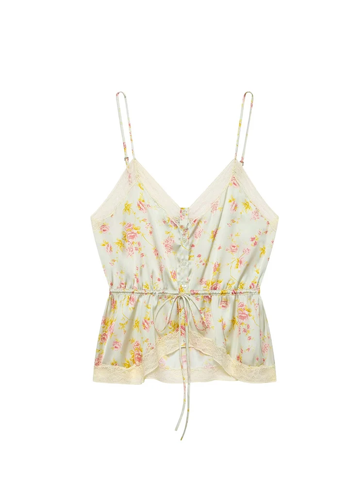 TFMLN Women Sexy Lace Patchwork Sling Tops Female Chic Single Breasted Sling Vest Fashion Slim Sleeveless Lace UP Streetwear