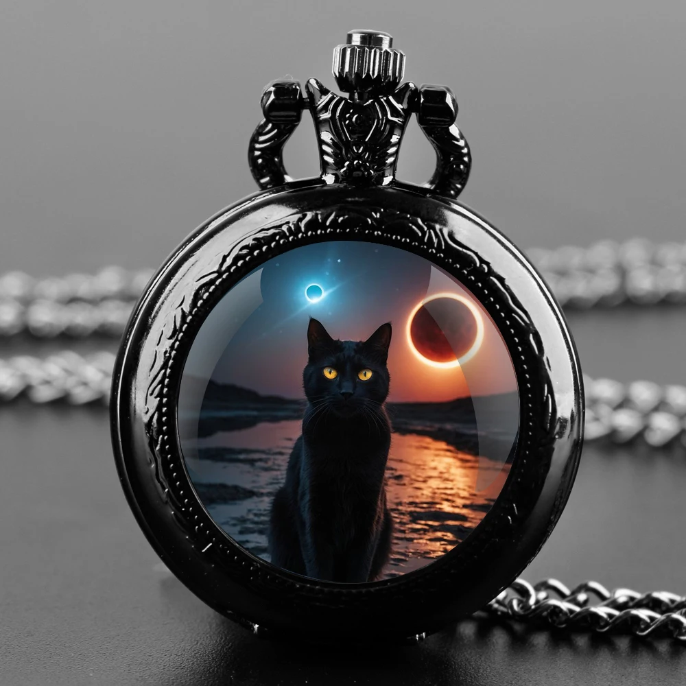 Halloween Gifts Black Cat Glass Dome Design Arabic Numerals Quartz Pocket Watch Necklace Pendant Clock Chain Men Women Gifts