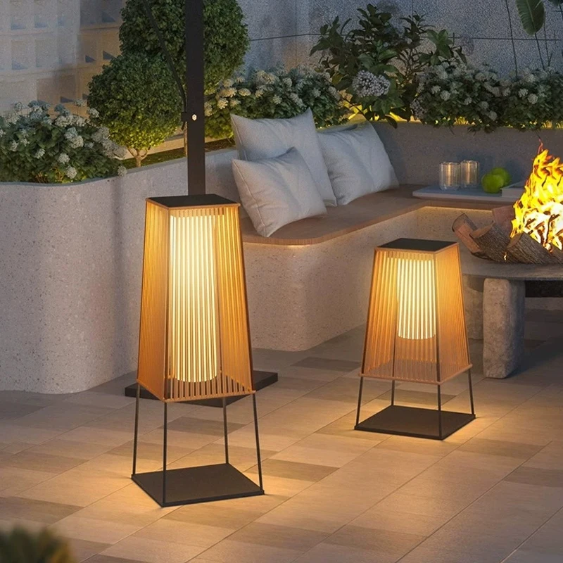 Outdoor Hand-Woven Garden Floor Lamp Thickened Stainless Steel Body Tempered Glass Waterproof Resin-Weatherproof Lighting