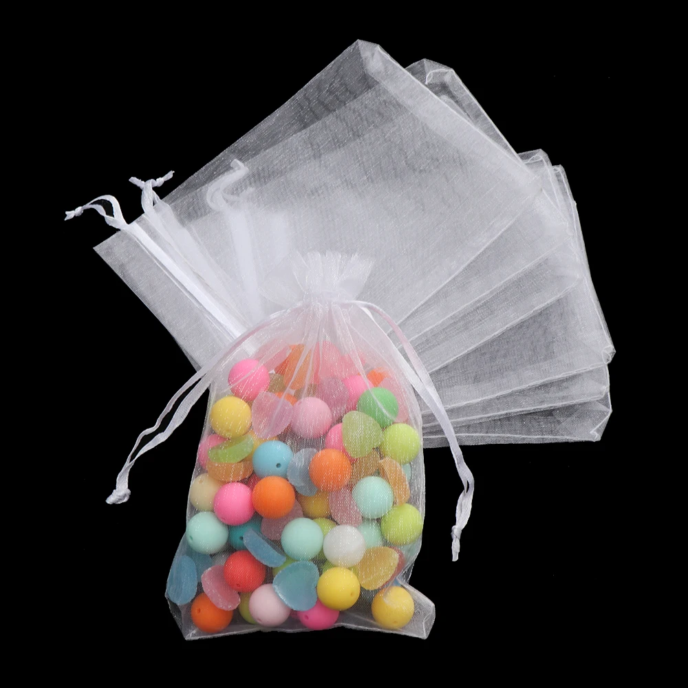 Bolsas de dulces dibujables con bolsillo con cordón blanco, bolsita de gasa de Organza, bolsas de regalo, embalaje de joyería, suministro para fiesta de Navidad, 25/50 Uds.