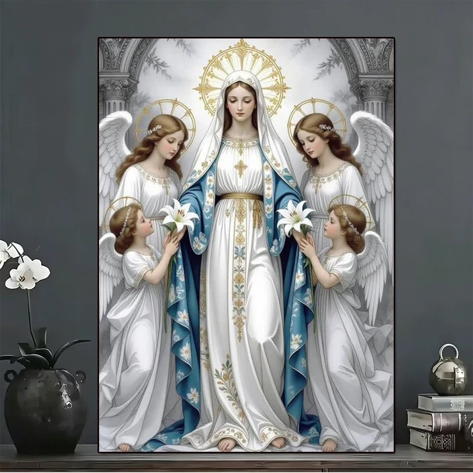 

5D Diamond Painting Virgin Mary & Angels with Lilies Full Drill DIY Diamond Art Religious Mosaic Embroidery Home Wall Decor Gift