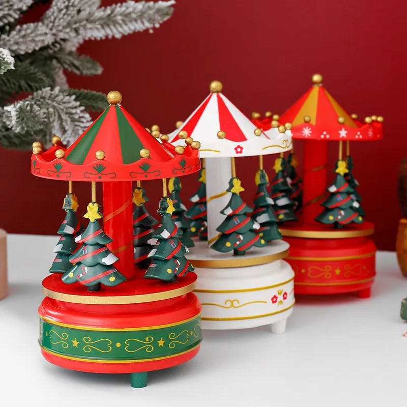 Wooden Christmas Tree Carousel Music Box Creative Christmas Gift Music Box Decorative Ornament Children's Birthday Gift