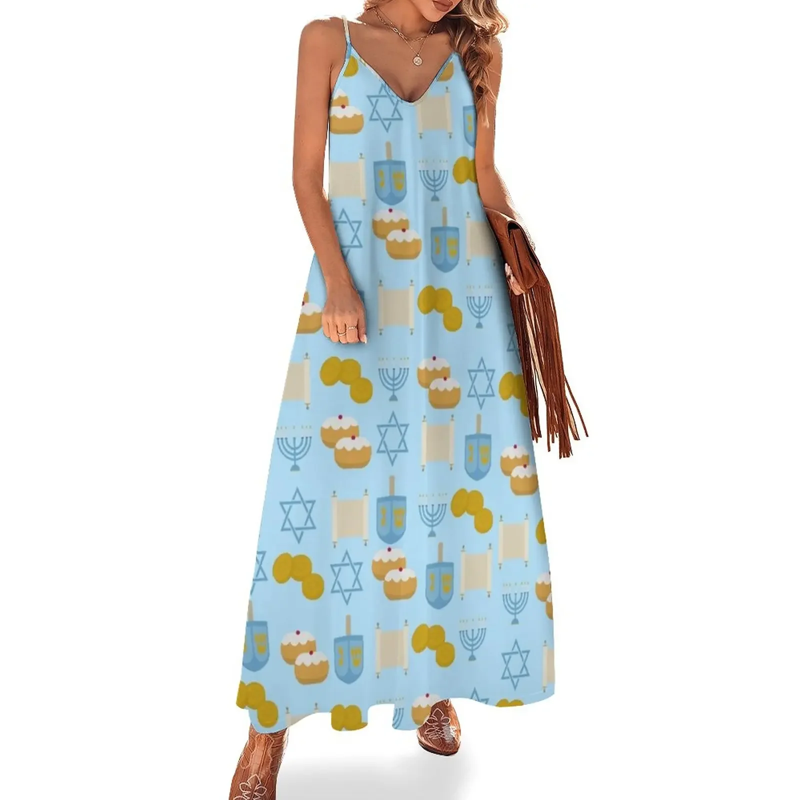 

Chanukah Pattern Blue Background- Gelt, Dreidel, Sufganiyot, Menorah, Torah, and Magen David Sleeveless Dress summer dress