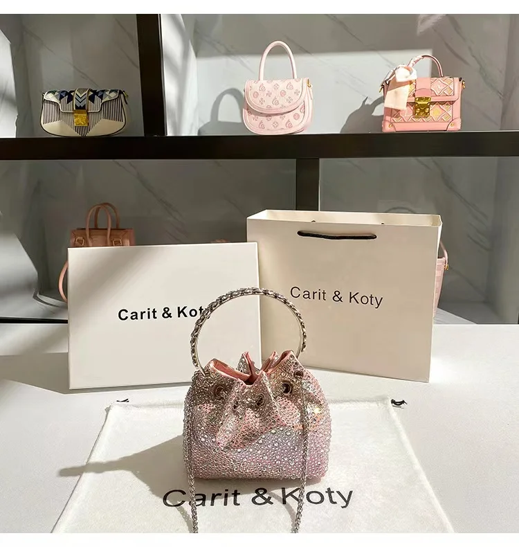 Glitter Shiny Diamonds Evening Bag Metal Ring Handle Bucket Bag Women Handbag Wedding Party Clutch Purse Shoulder Crossbody Bag