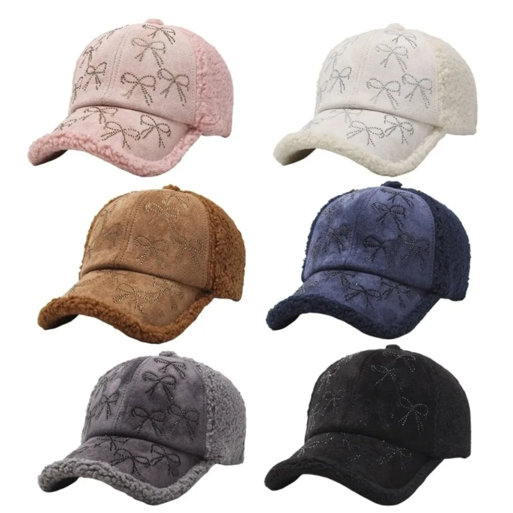 Fashion Adjustable Women's Hats Lamb Wool Warm Plush Caps with Hot Pressed Diamond Bow Pattern Baseball Caps for Women