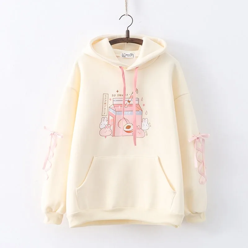 Autumn Women Purple Beige Hoodies Sweatshirt Teens Japanese Cute Anime Pullover Mori Girls Kawaii Bunny Cartoon Rabbit Top