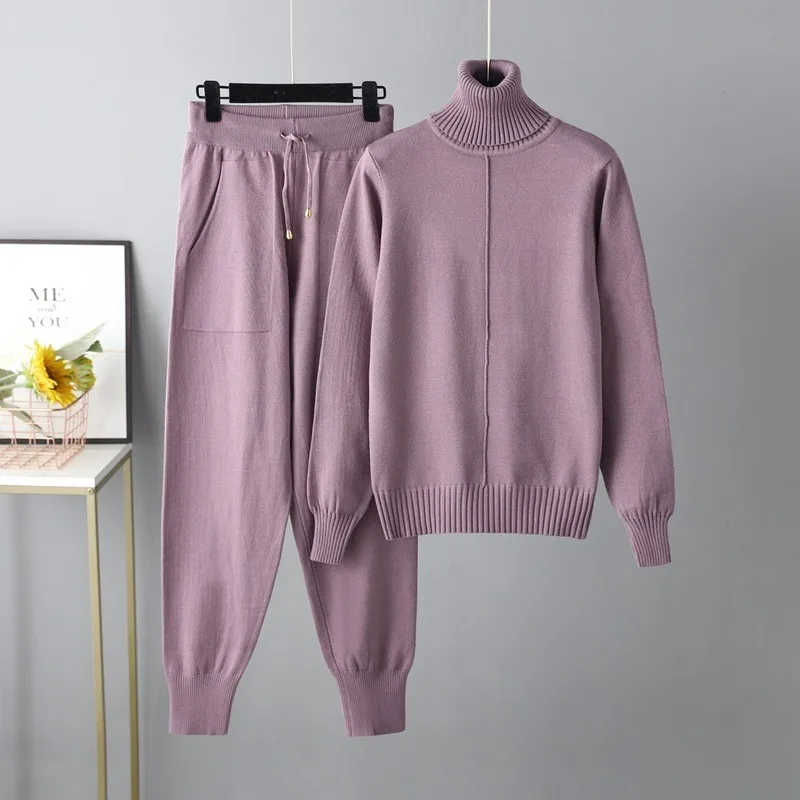 Women Knitted Tracksuit V-neck Sweater Casual Suit Autumn Winter 2 Piece Set Knit Pants Sporting Suit Femme Clothing