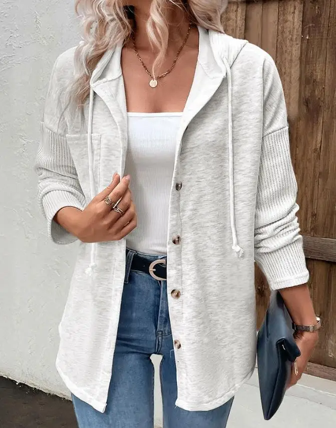 

Long Sleeved Knitted Ribbed Patchwork Button Up Hoodie Jacket for Autumn, Women's Casual Loose Solid Color Long Sleeved Jacket