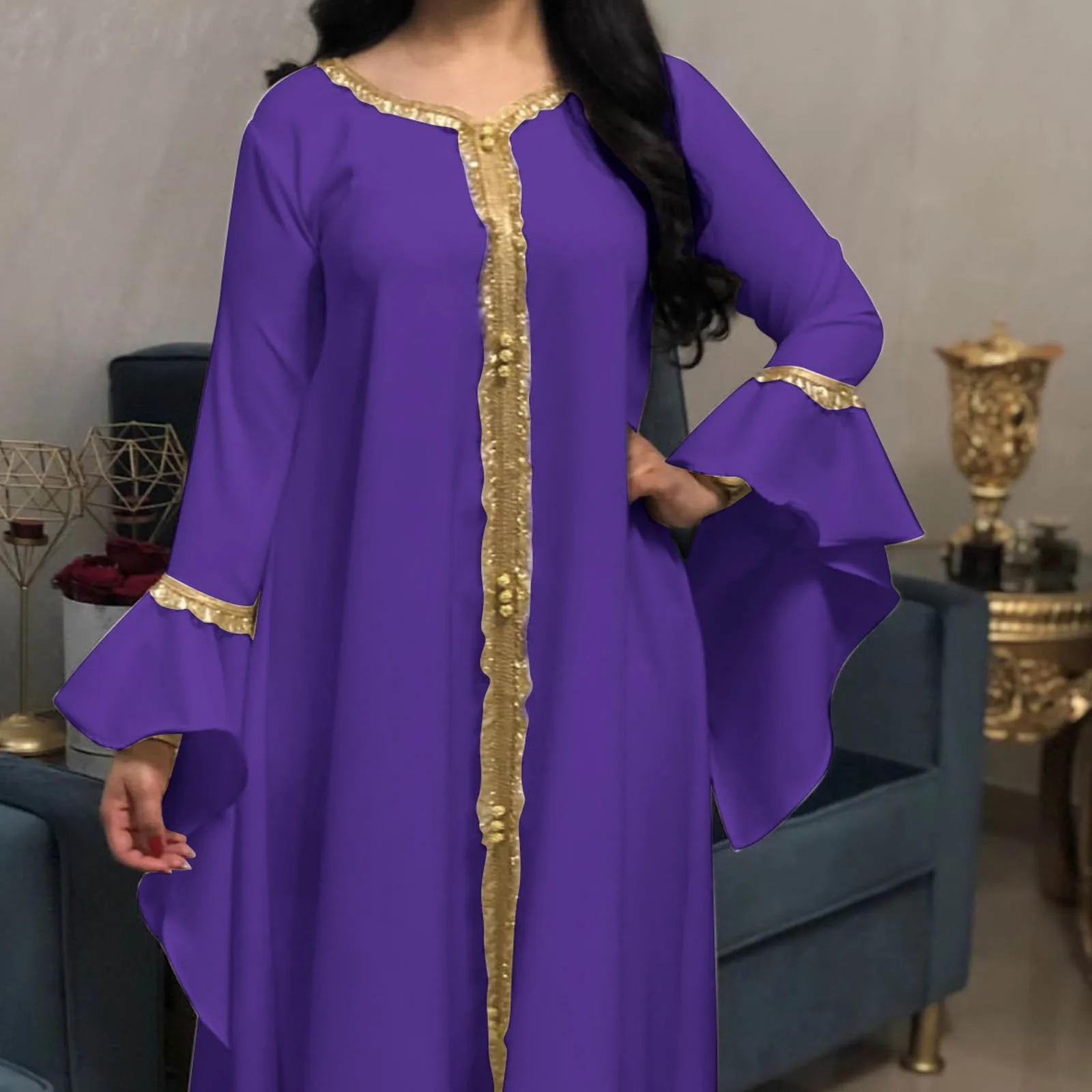 

Muslim Women Evening Dress Abayas For Women Dubai Turkey Islam Clothes Casual Middle Lotus Sleeve Embroidery Fashion Long Skirt