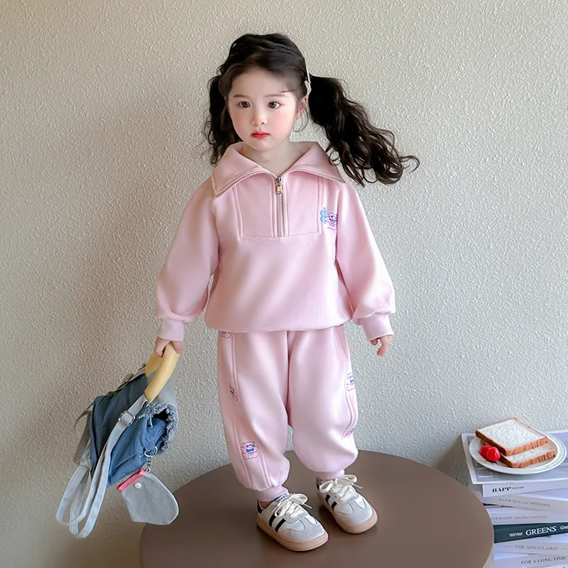 

Girls Suit 2025 Autumn New Childrens Clothing Korean Style Baby Girl Fashionable Cartoon Lapel Sweater Two-piece Casual Simple