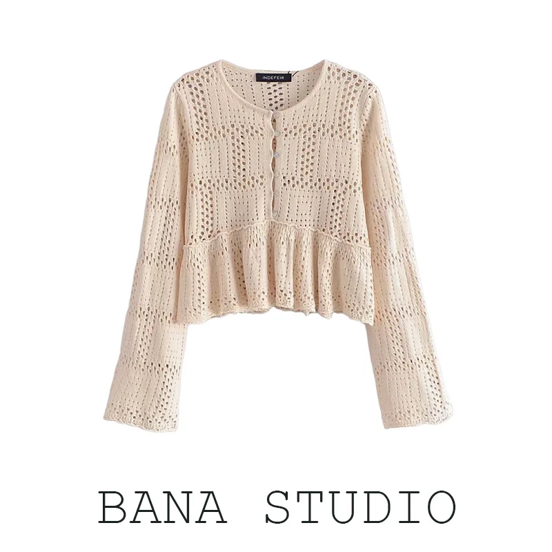 

BANA Ранняя осень женский свободный кружевной ажурный вязаный свитер Bell Sve ort кардиган круглый Ne с застежкой на одной пуговице