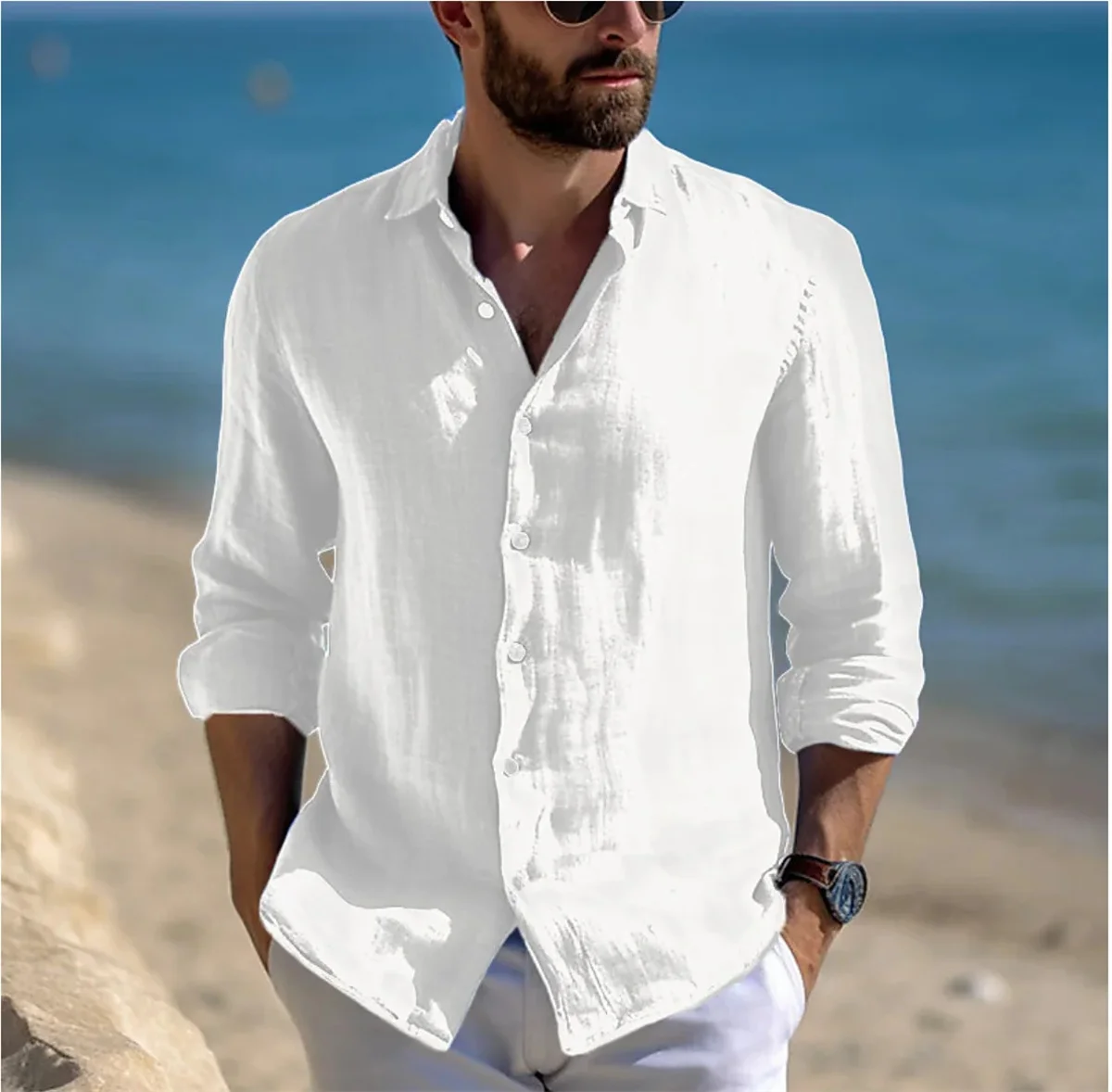 2024 Cotton hemp hot sell men\'s long sleeve shirt spring and autumn solid color lapel casual European and American style