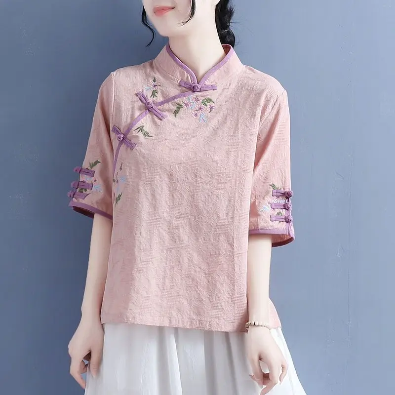 Women\'s Chinese Style Vintage Embroidery Cotton Linen Blouse 2024 Summer Elegant Stand Collar Loose Shirt Half Sleeve Chic Tops