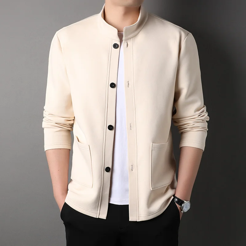 New Arrival Men\'s Solid Color Hoodless Cardigan with Single-breasted Button and Half-high Collar, Regular Fit Straight