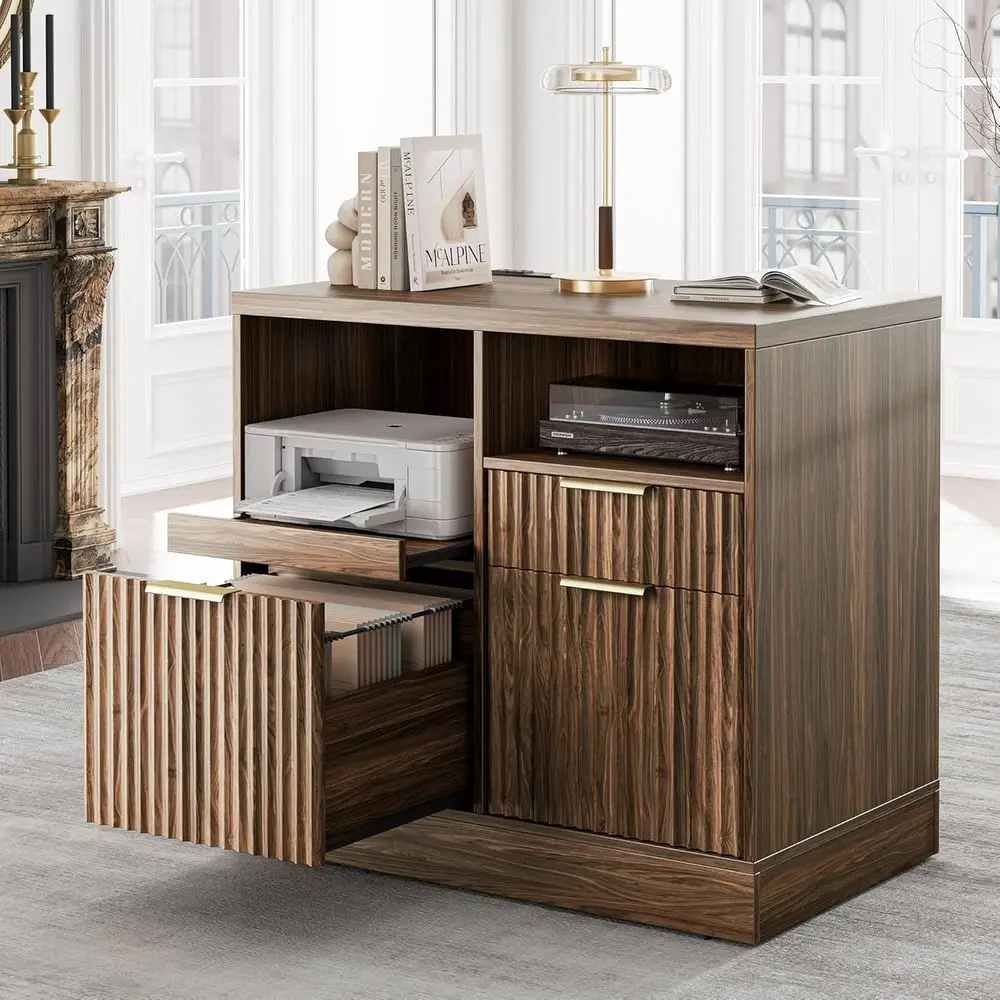 Black Walnut Charging Station Cabinet, Home Office Desk with Printer Stand and Open Shelves for A4/Letter Files