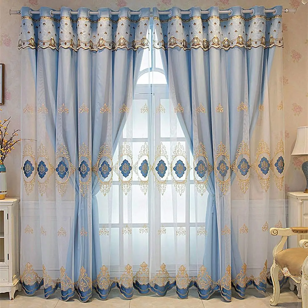 1 Panel 150cm Width European Curtain with Valance Attached Double Layer Curtain for Bedroom Living Room