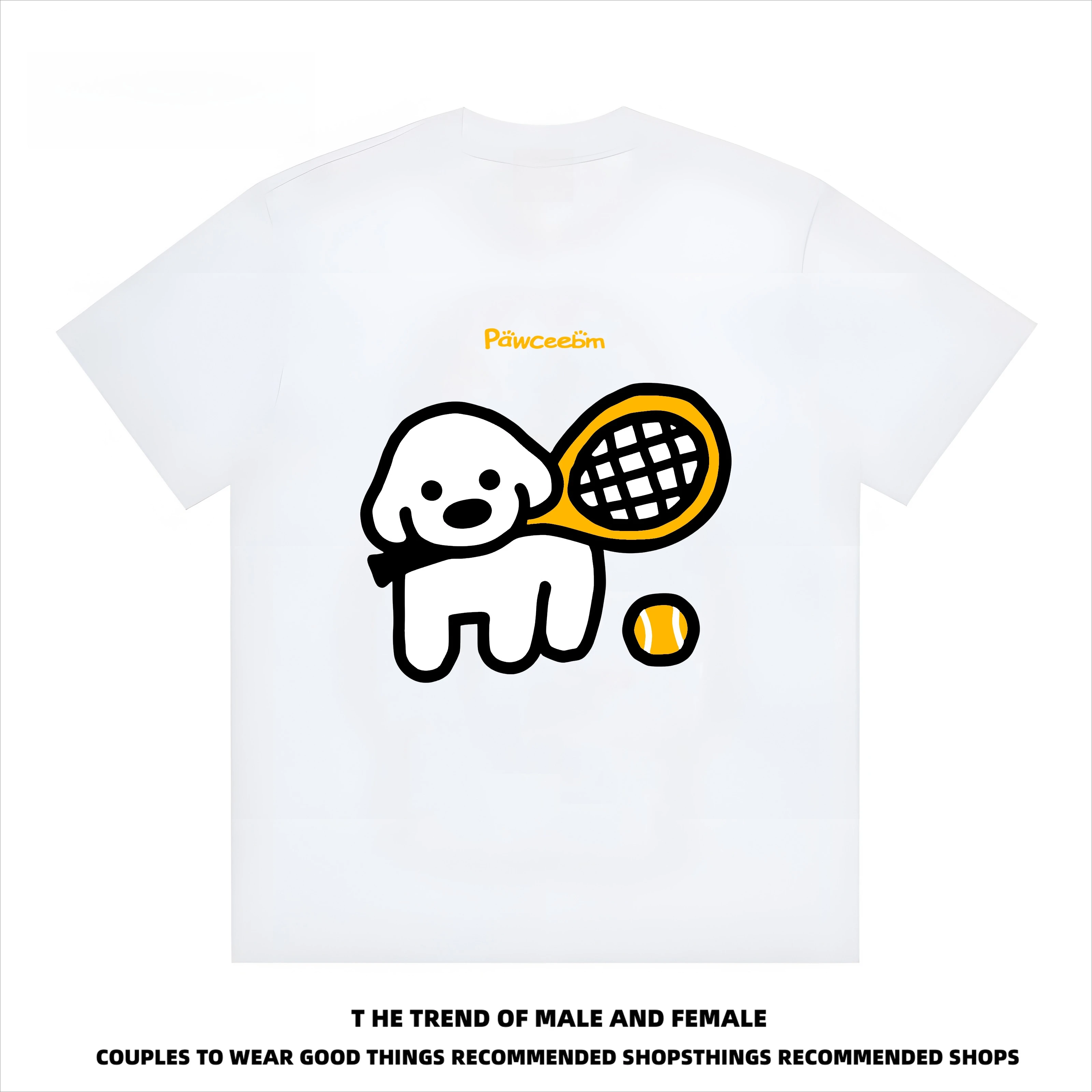 

Plus Size PAWCEE American Guochao Tennis Puppy Letter Short-sleeved T-shirt Women's Same Loose and Versatile Couple's Top