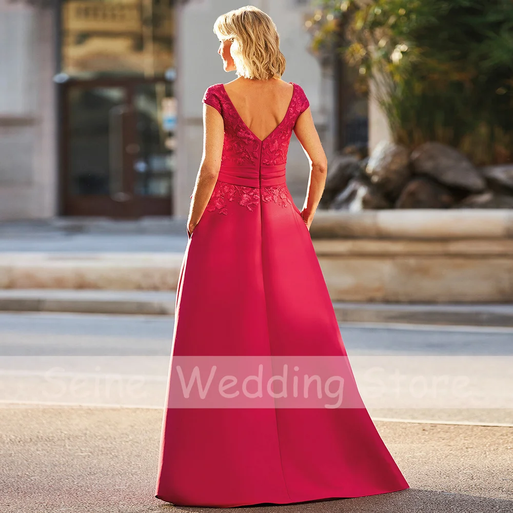 Satin Evening Party Gowns Red V-Neck Cap Sleeves Long Mother of the Bride Dress A-Line Lace Applique Sexy Wedding Guest