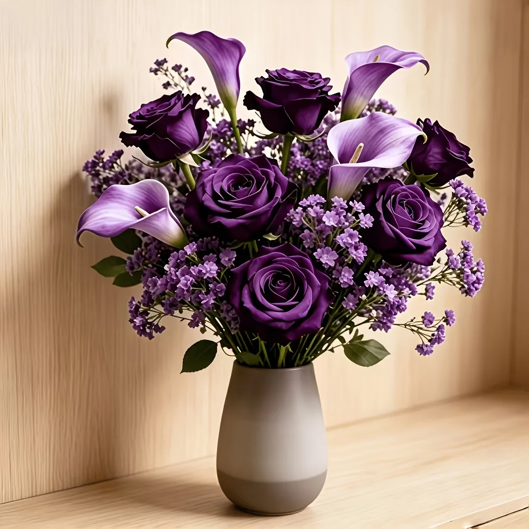 Aliexpress 45/25 Flower Bouquet (3 Purple Roses + 3 Calla Lilies + 39 Baby's Breath Flowers / 3 Purple Roses + 3 Calla Lilies + 19 Baby's Breath Flowers) Without Vase. Wedding Bouquet, Ideal Choice for Indoor Office and Living Room, Perfect for Festivals, Graduation Season, Valentine's Day Gift - Aliexpress Deal