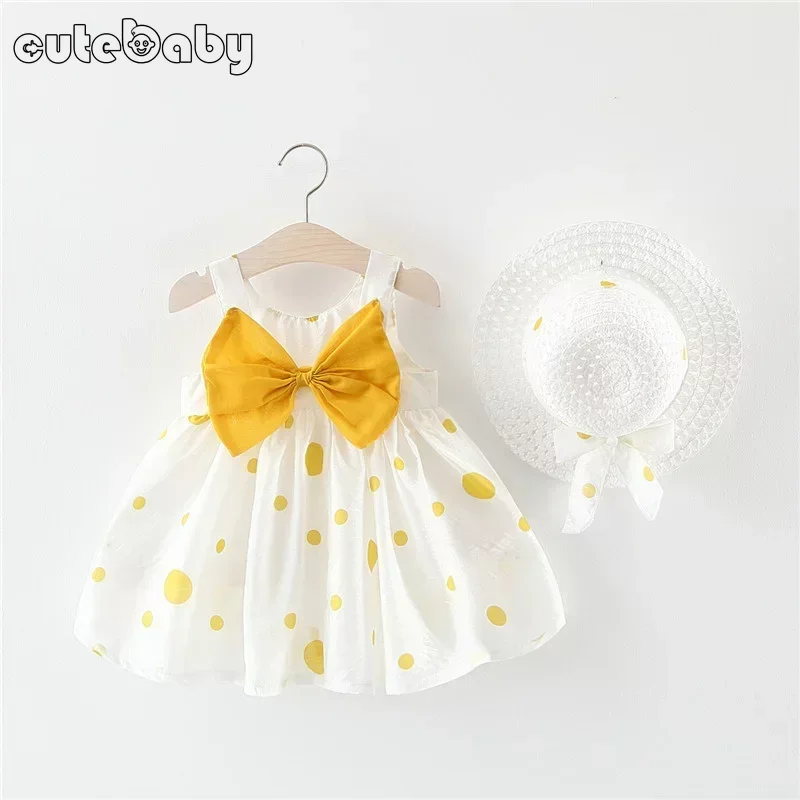 Big Bow Baby Dress Lovely Summer Infant Baby Girl Clothes Cute Dot Sleeveless Cotton Toddler Dresses+Sunhat Newborn Clothing Set