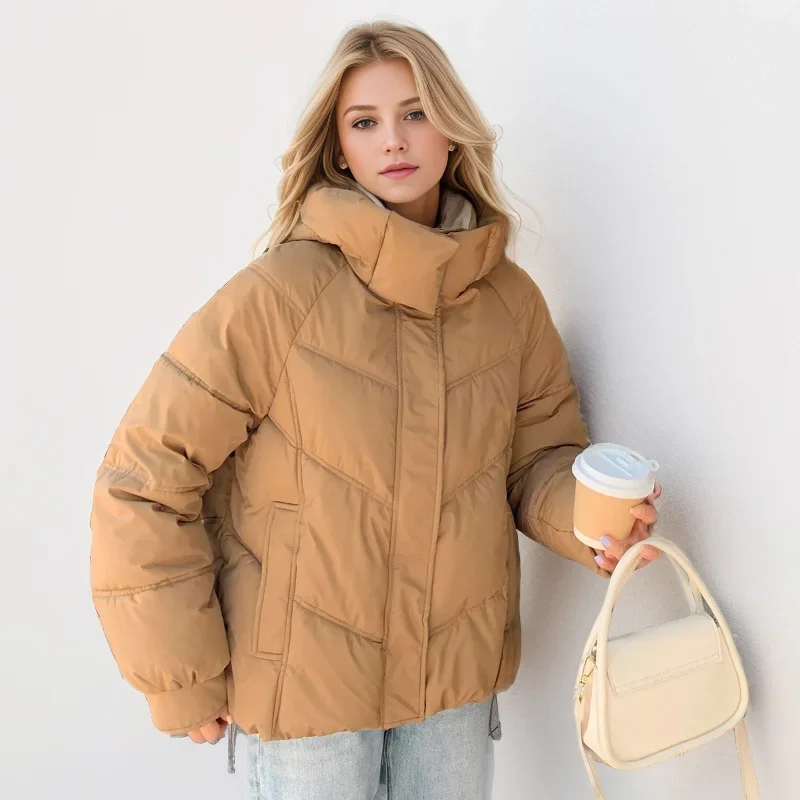 

Winter Women Short Parkas Tops Thicken Pure Color Cotton Jacket Female High Collar Warm Slim Short Hooded Coat