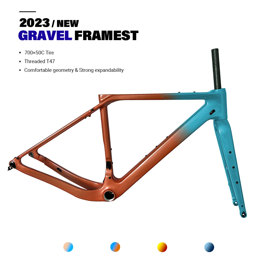 2023 GT30 Carbon Gravel Frame Flat Mount Disc Brake 700C*50C Threaded T47 Gravel Bicycle Frameset Road Bike Multi-color Paint