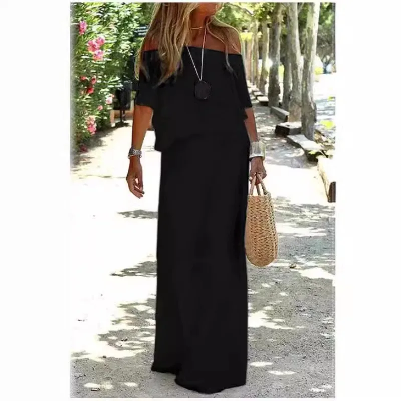 ผู้หญิงฤดูร้อนปิดไหล่ Ruffle ชุดผ้าฝ้ายสั้นพัฟแขน Smocked Flowy สายฉัตรกลาง Rise Beach Boho Long Maxi ชุด