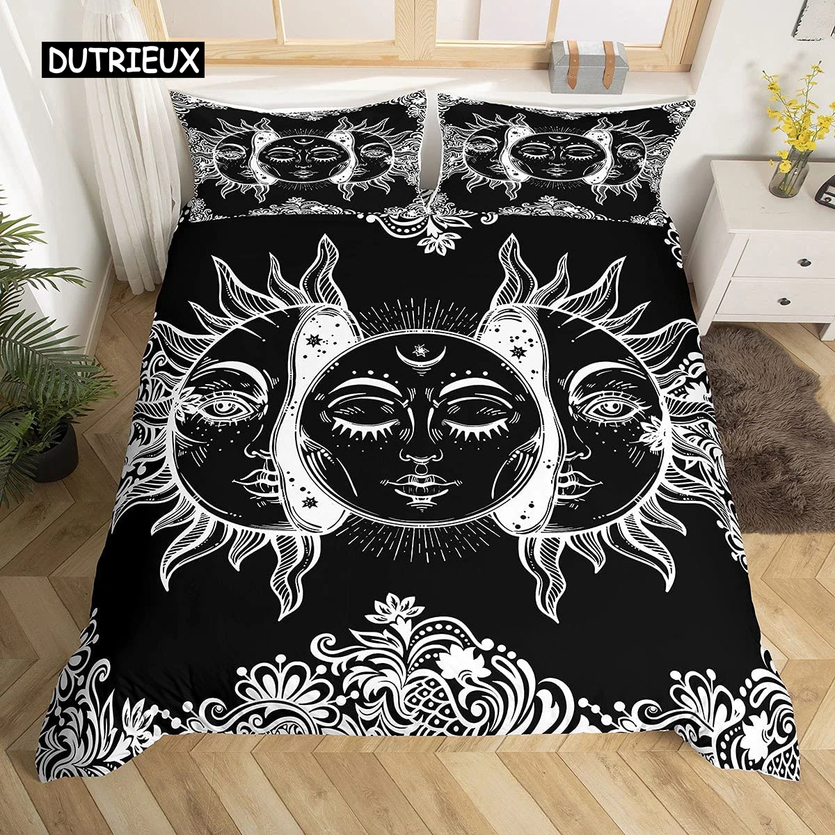 

Mandala Duvet Cover Set Sun and Moon Comforter Cover Ties Exotic Style Black and White Botanical Floral Polyester Bedding Set