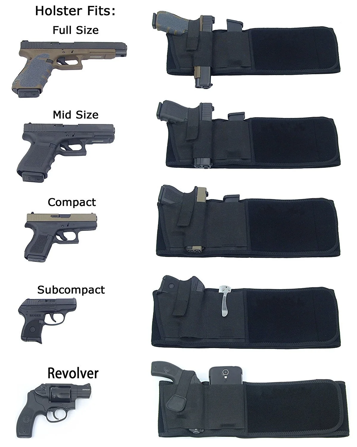 Left / Right Hand Concealed Carry Belly Band Gun Holster for Smith and Wesson, Shield, Glock 19, 17, 42, 43, P238, Ruger LCP