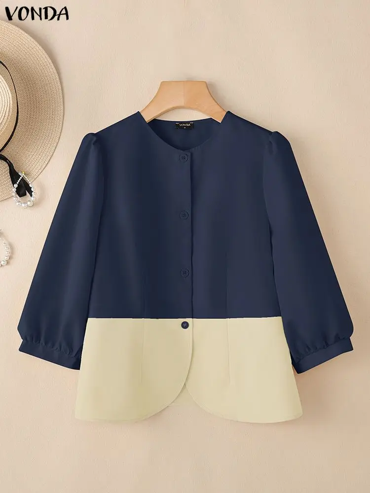 VONDA Camicie moda Donna Top Estate Manica 3/4 Patchwork di colore Camicetta casual 2025 Elegante streetwear Office Lady Blusas