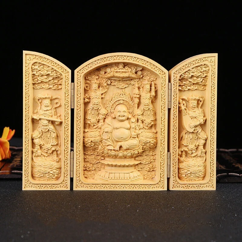 

China Box-wood Hand Carved Happy Laugh Maitreya Buddha Three Opening Box Statue