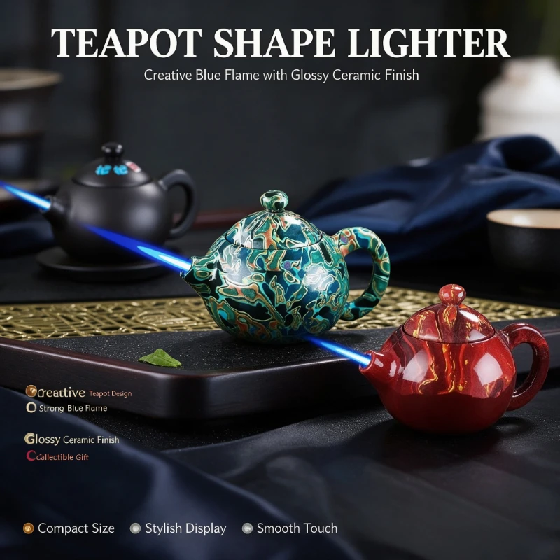 Creative Rotatable Kettle Shaped Jet Gas Lighter,Fun RotatingStress Relief Turbine Torch Lighter, Men's Gift,Cigarette Accessory