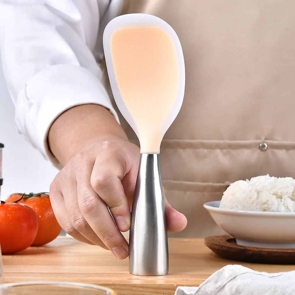 1PCS Silicone Rice Spoon Stainless Steel Handle Non-stick Cooking Spoon Anti-scalding Pot Rice High-temperature-resistant Spoon
