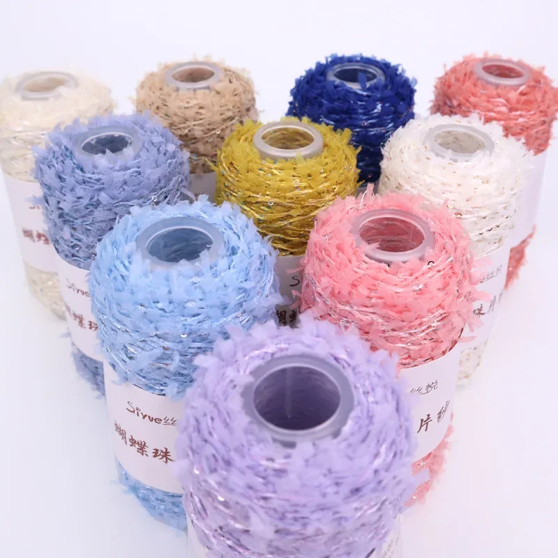 56g Fancy Butterfly Yarn, Bead Sequin Wool Yarn, DIY Hand Woven Carpet, Hat, Fashion Accessory Crochet Thread, Velvet Yarn