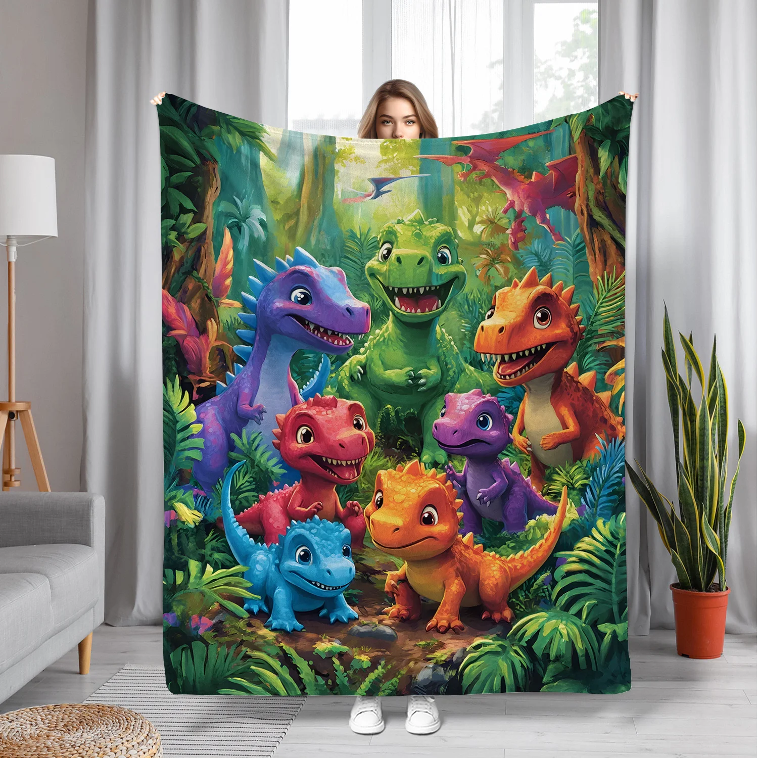 Cartoon dinosaur jungle pattern Flannel printed blanket suitable for all seasons suitable for living room office sofa and travel