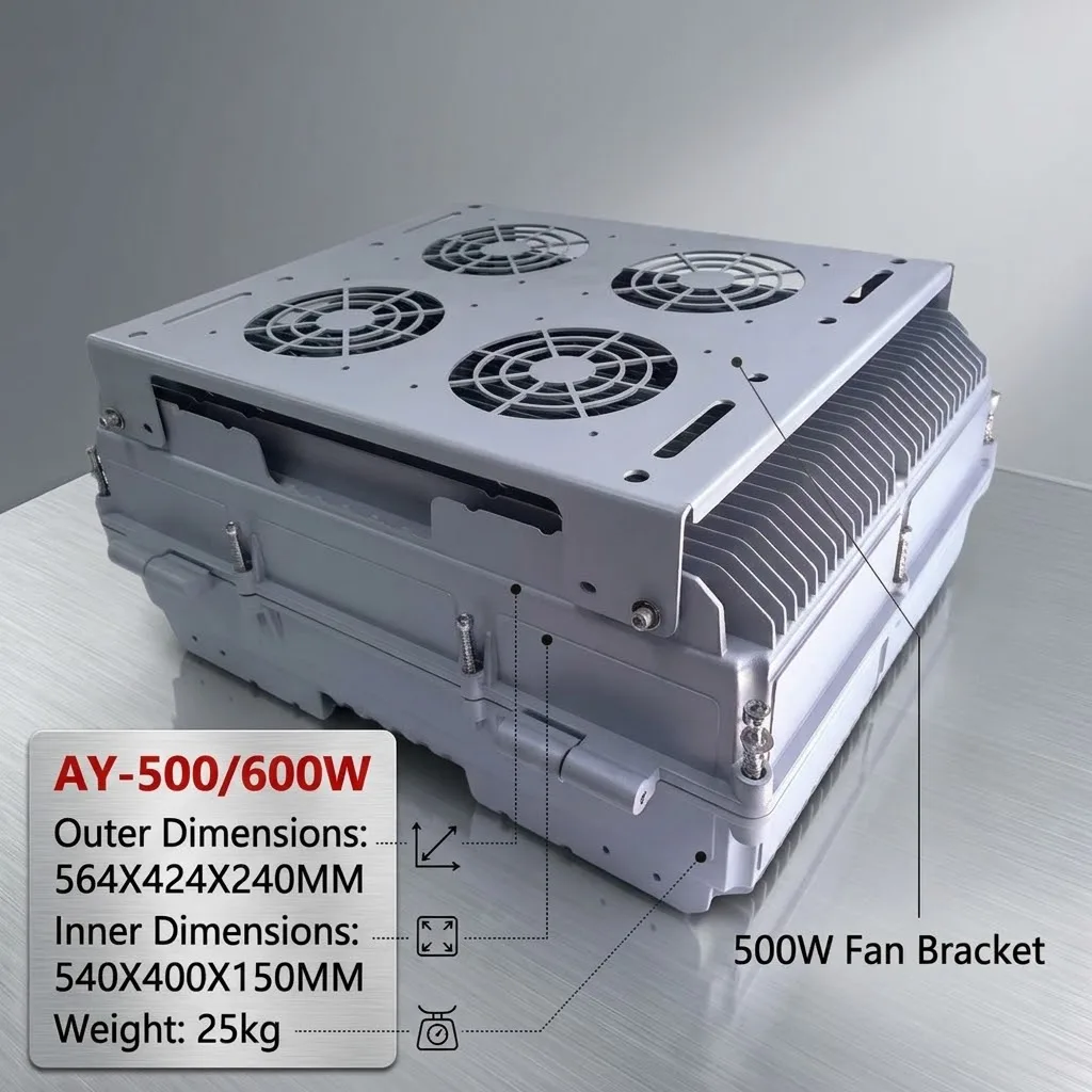 AY564-Fan-500W IP67 Pole-Mount Die-Cast Aluminum Enclosure with Heavy-Duty Heat Sink for Outdoor Telecom & RF Infrastructure