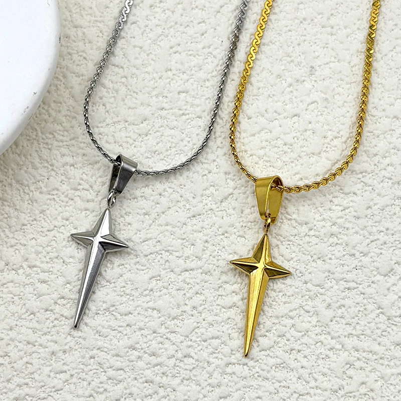 

Y2K Star Cross Neck Chain For Women Men Gold Color Stainless Steel Hip Hop Cool Girl Party Hiphop Pendant Necklace Jewelry Gift