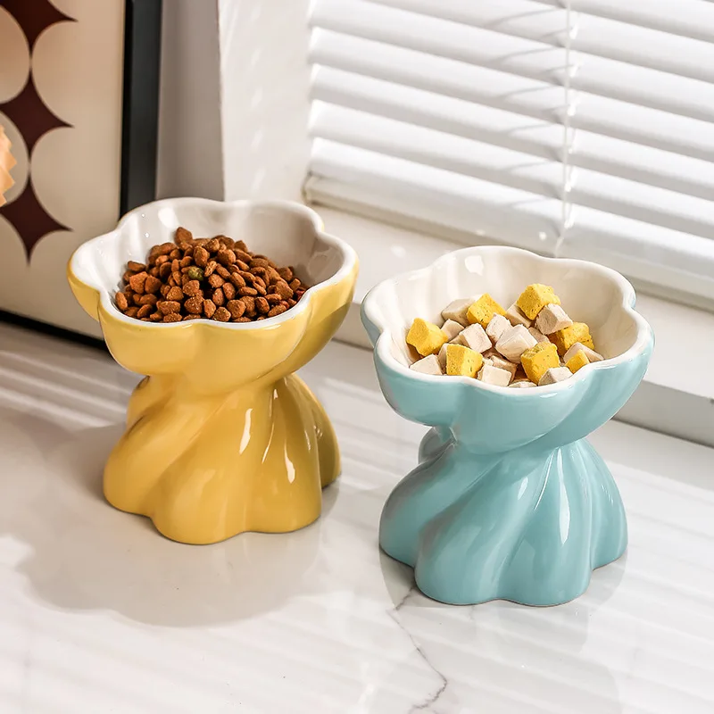 Flower Shaped Elevated Ceramic Cat Bowl, Raised Pet Food Water Bowl for Cats, Anti-Vomiting Kitten Feeder